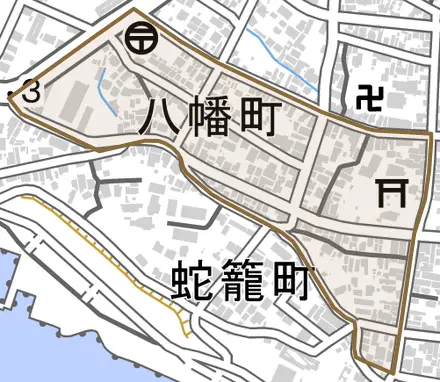 八幡町とその周辺の地図。町の範囲を重ねている