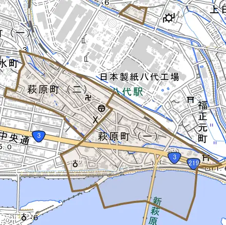 萩原町とその周辺の地図。町の範囲を重ねている