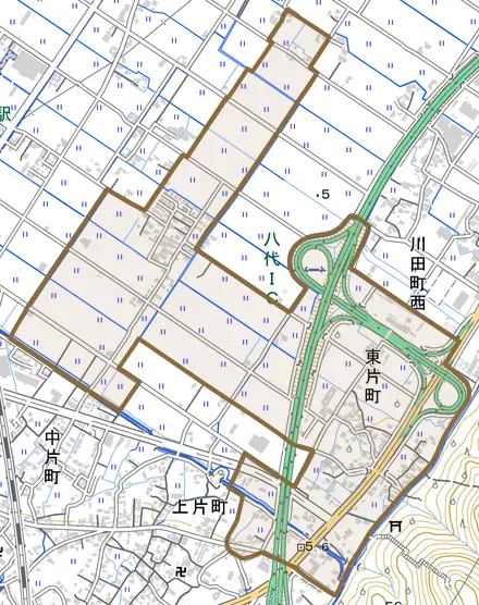 東片町とその周辺の地図。町の範囲を重ねている