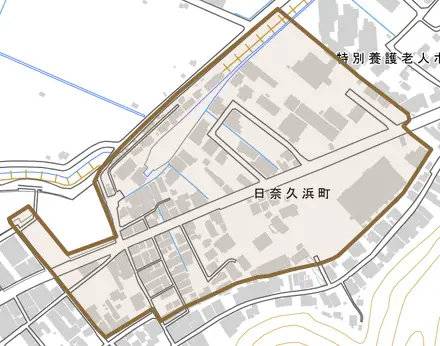 日奈久浜町とその周辺の地図。町の範囲を重ねている