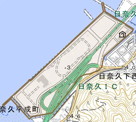 日奈久平成町とその周辺の地図。町の範囲を重ねている