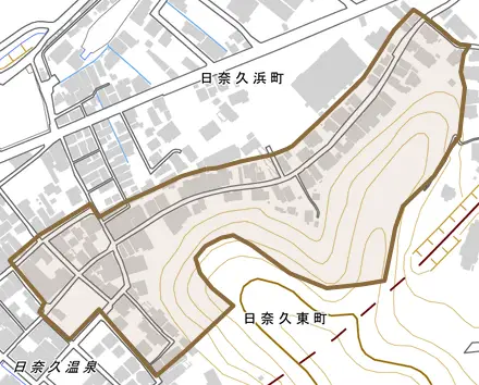 日奈久東町とその周辺の地図。町の範囲を重ねている