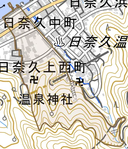 日奈久上西町とその周辺の地図。町の範囲を重ねている