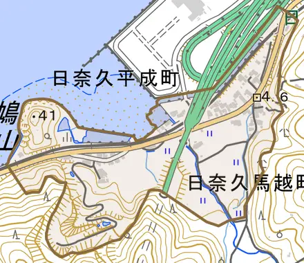 日奈久馬越町とその周辺の地図。町の範囲を重ねている