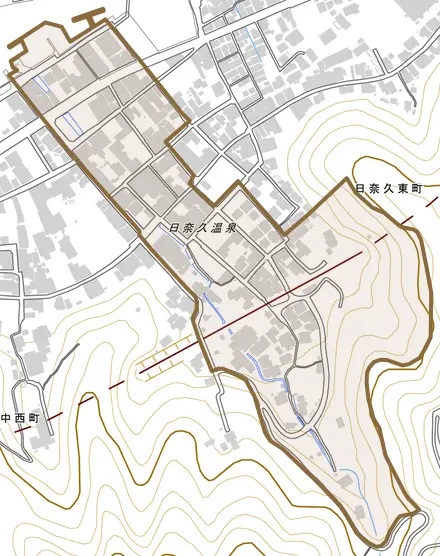 日奈久中町とその周辺の地図。町の範囲を重ねている