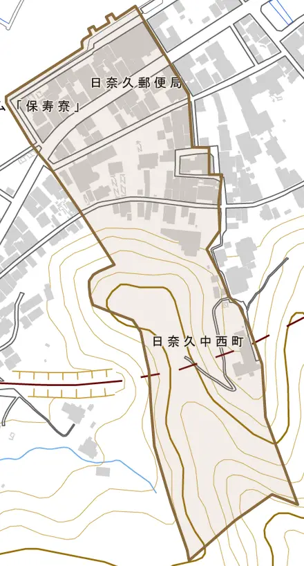 日奈久中西町とその周辺の地図。町の範囲を重ねている