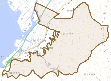 日奈久大坪町とその周辺の地図。町の範囲を重ねている