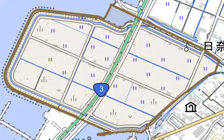 日奈久栄町とその周辺の地図。町の範囲を重ねている