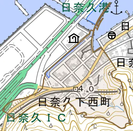 日奈久下西町とその周辺の地図。町の範囲を重ねている