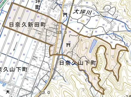 日奈久新田町とその周辺の地図。町の範囲を重ねている