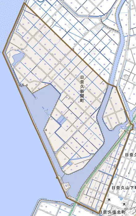 日奈久新開町とその周辺の地図。町の範囲を重ねている