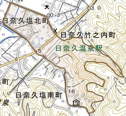 日奈久塩北町とその周辺の地図。町の範囲を重ねている