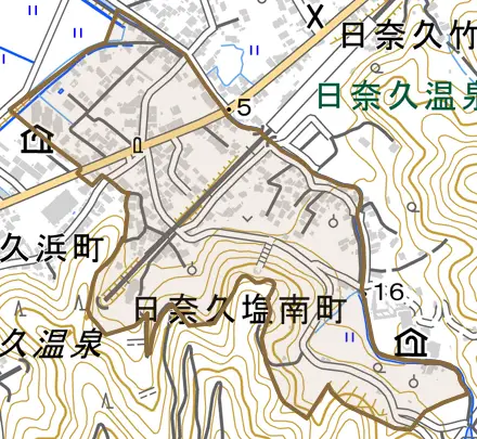 日奈久塩南町とその周辺の地図。町の範囲を重ねている