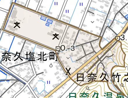 日奈久竹之内町とその周辺の地図。町の範囲を重ねている