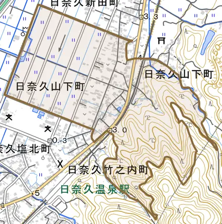 日奈久山下町とその周辺の地図。町の範囲を重ねている