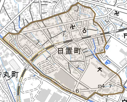 日置町とその周辺の地図。町の範囲を重ねている
