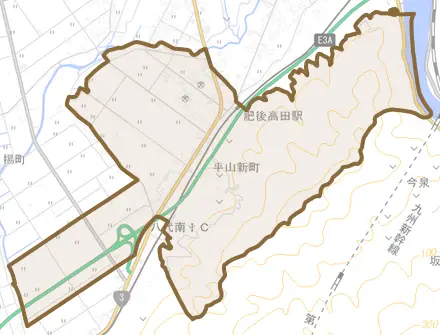 平山新町とその周辺の地図。町の範囲を重ねている