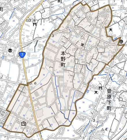本野町とその周辺の地図。町の範囲を重ねている
