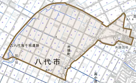 井揚町とその周辺の地図。町の範囲を重ねている