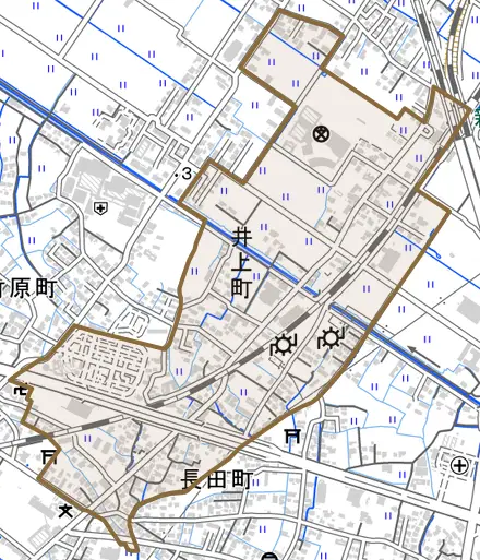 井上町とその周辺の地図。町の範囲を重ねている