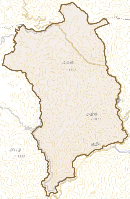 泉町仁田尾とその周辺の地図。町の範囲を重ねている