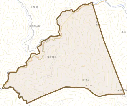 泉町椎原とその周辺の地図。町の範囲を重ねている