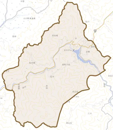 泉町下岳とその周辺の地図。町の範囲を重ねている