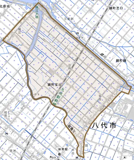 鏡町宝出とその周辺の地図。町の範囲を重ねている