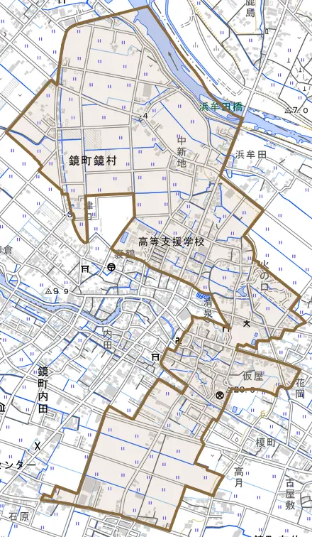 鏡町鏡村とその周辺の地図。町の範囲を重ねている