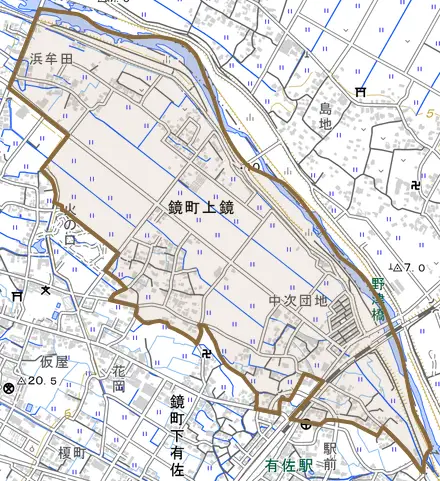 鏡町上鏡とその周辺の地図。町の範囲を重ねている