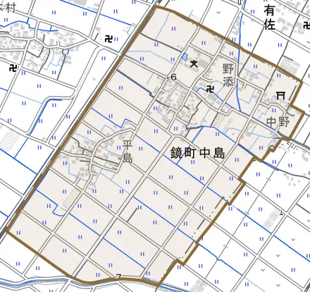 鏡町中島とその周辺の地図。町の範囲を重ねている