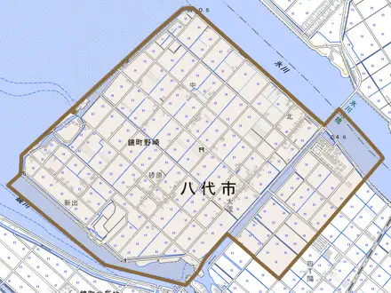 鏡町野崎とその周辺の地図。町の範囲を重ねている
