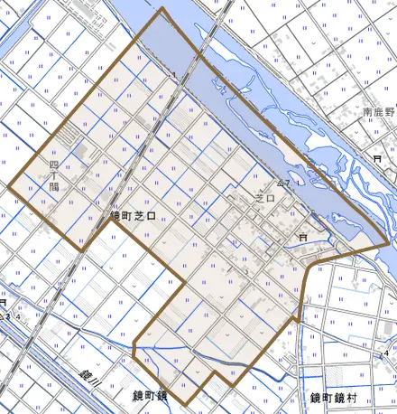 鏡町芝口とその周辺の地図。町の範囲を重ねている