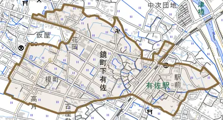 鏡町下有佐とその周辺の地図。町の範囲を重ねている