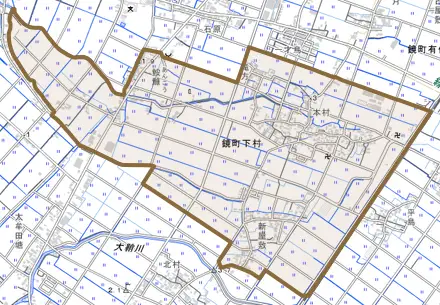 鏡町下村とその周辺の地図。町の範囲を重ねている