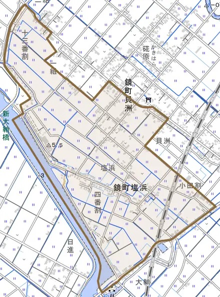 鏡町塩浜とその周辺の地図。町の範囲を重ねている