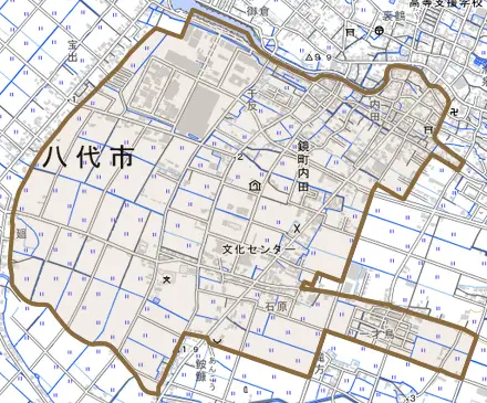 鏡町内田とその周辺の地図。町の範囲を重ねている