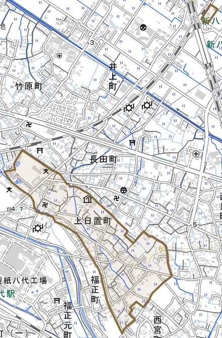 上日置町とその周辺の地図。町の範囲を重ねている