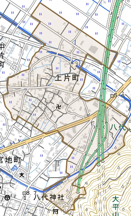 上片町とその周辺の地図。町の範囲を重ねている