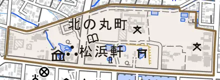 北の丸町とその周辺の地図。町の範囲を重ねている