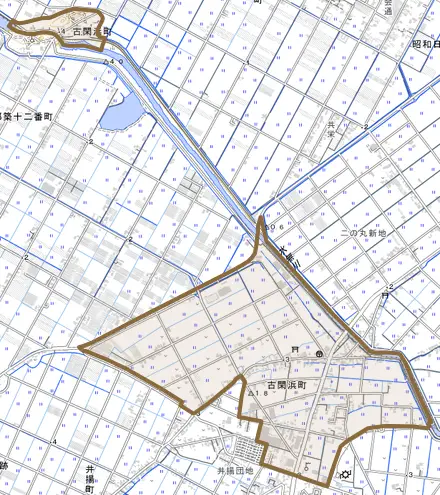 古閑浜町とその周辺の地図。町の範囲を重ねている
