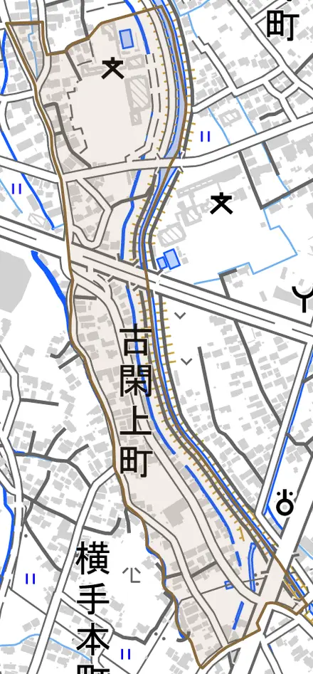 古閑上町とその周辺の地図。町の範囲を重ねている