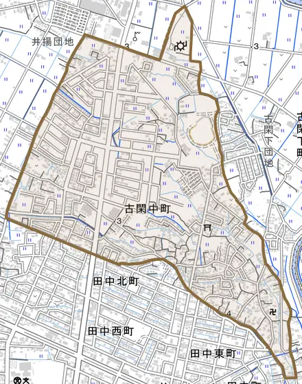 古閑中町とその周辺の地図。町の範囲を重ねている