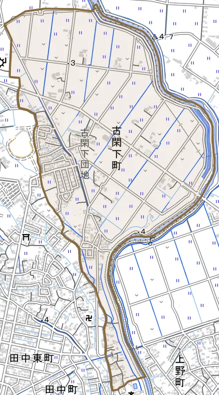 古閑下町とその周辺の地図。町の範囲を重ねている
