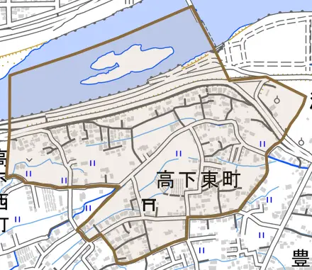 高下東町とその周辺の地図。町の範囲を重ねている
