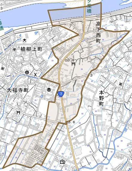 高下西町とその周辺の地図。町の範囲を重ねている