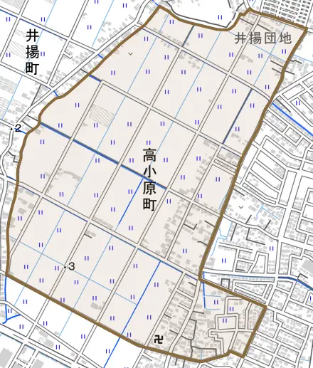 高小原町とその周辺の地図。町の範囲を重ねている