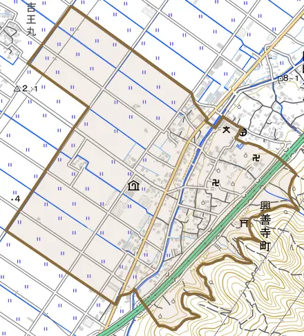 興善寺町とその周辺の地図。町の範囲を重ねている