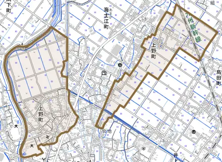 上野町とその周辺の地図。町の範囲を重ねている