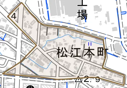 松江本町とその周辺の地図。町の範囲を重ねている
